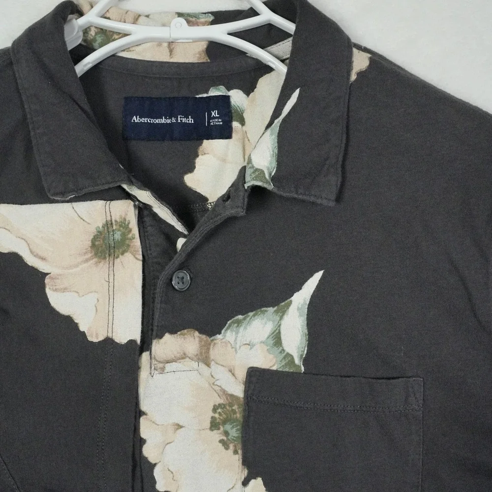 Abercrombie Fitch Mens Black‎ Floral Print Short Sleeve Polo Shirt Size XL